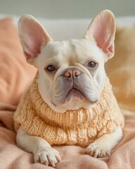 French Bulldog wearing a cozy knitted sweater sitting on a couch, Soft natural indoor lighting, Portrait lens, warm beige and pastel tones
