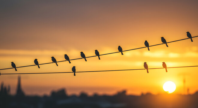 Birds sitting on a wire during sunset with orange sky background
