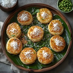 Thai Coconut Pancakes (Kanom Krok) Garnished with Sweet Shredded Coconut
