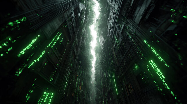 Futuristic urban alleyway with green digital streams and vertical architecture