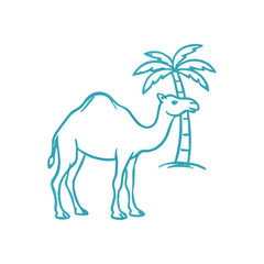 Desert Camel and Palm Tree Design. Stylized graphic depicting a hardy dromedary beside an iconic tropical plant. This serene emblem evokes exotic journeys, symbolizing resilience and tranquility.