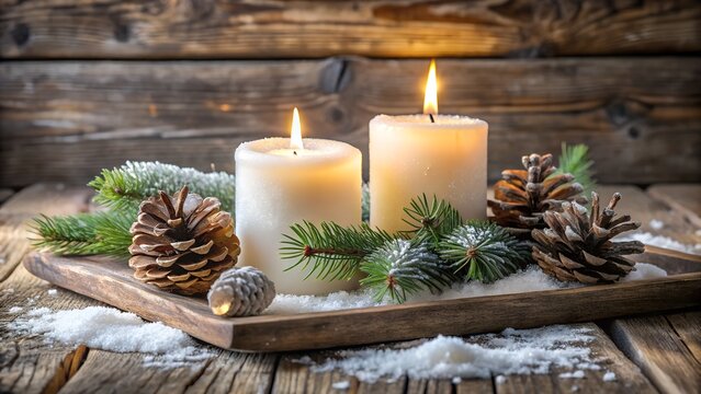 Two lit candles with pine cones and fir branches on wood