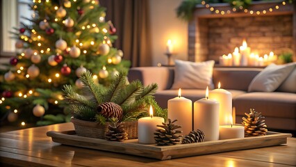Cozy living room with christmas tree and candle centerpiece