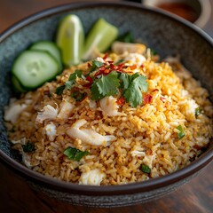 Spicy Thai Crab Fried Rice (Khao Pad Pu) with Lime and Fresh Cilantro Garnish