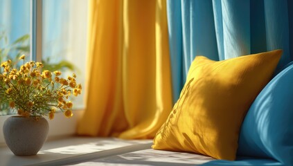 Sunlit window seat with yellow pillow, blue curtains, and small vase of yellow flowers