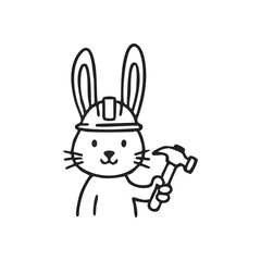 Cute Builder Rabbit with Hammer. Adorable bunny wearing protective headgear holds a carpentry tool. This charming illustration symbolizes diligent effort and a playful approach to tasks.