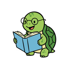 Happy Green Turtle Enjoying a Story. A cheerful tortoise wearing spectacles is deeply absorbed in literature, symbolizing intelligence, wisdom, and a love for education.