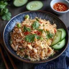 Authentic Thai Crab Fried Rice (Khao Pad Pu) with Cucumber and Chili Dip