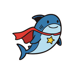 Brave Little Shark Cartoon Hero. A charming aquatic animal dons a valiant red mantle, embodying courage and vigor with a joyful disposition and stellar emblem.