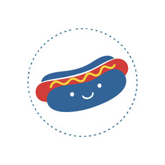 Happy Hot Dog Character Icon. An adorable cartoon frankfurter design in a bun, topped with condiment, symbolizes simple pleasures and tasty American fast-food culture.
