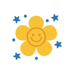 Cheerful Bloom Graphic. Vibrant flower artwork featuring a beaming countenance, accompanied by stellar and dotted accents. It represents bliss and youthful delight.