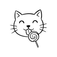 Smiling Feline Enjoying Sweet Swirl. This delightful cartoon kitty with its tongue out savors a delicious candy. It represents pure joy and a moment of sugary bliss.
