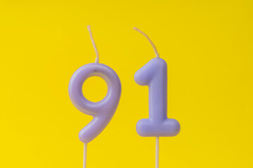 Number 91 Candle - Yellow Birthday