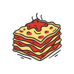 Delicious Layered Lasagna Cartoon. A colorful hand-drawn depiction of a scrumptious baked pasta dish, showcasing its many strata of sheets, savory sauce, and gooey topping. Conveys warmth and.