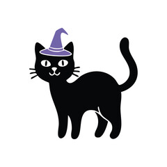 Halloween Witch Cat Illustration. This enchanting black kitty wears a mystical violet pointed cap, perfect for festive autumn holiday designs. Represents magic and playful spirit.