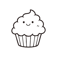 Smiling Kawaii Cupcake Graphic. This delightful frosted confection exudes warmth and a whimsical spirit. Its simple line art suggests innocent happiness, ideal for fun projects.