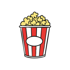 Movie Popcorn Treat Illustration. Classic red and white striped container filled with golden kernels, symbolizing entertainment and delightful leisure. Perfect for cinema themes.