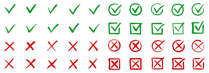 Check tick mark icon set, hand drawn doodle red cross box x check mark green checkbox v, sketch marker checklist symbol right and wrong set - for stock © dlyastokiv