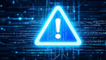 A glowing blue triangular warning sign with an exclamation mark on a digital background of code and circuits.