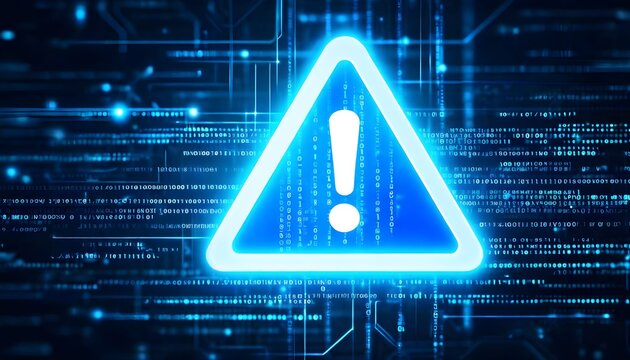 A glowing blue triangular warning sign with an exclamation mark on a digital background of code and circuits.