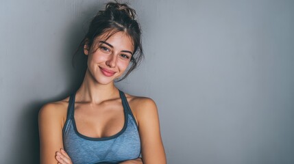 portrait of beautiful fitness woman smiling and looking at camera isolated on grey background mid woman in sportswear relaxing after training at gym happy fit girl on gray wall with copy space no log