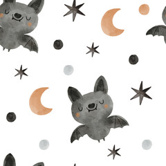 Cute watercolor halloween for kids in boho style. Watercolor elements on a white background. Cute hand drawn bat, stars, pumpkin, moon, ghost seamless pattern