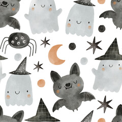 Cute watercolor halloween for kids in boho style. Watercolor elements on a white background. Cute hand drawn bat, stars, pumpkin, moon, ghost seamless pattern