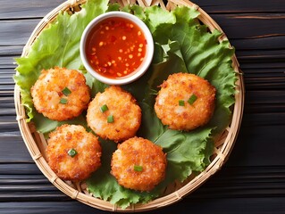 Crispy Thai Shrimp Cakes (Tod Mun Goong) with sweet chili sauce, top view