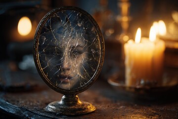 Creepy old mirror with ghostly face reflection in dark candlelight horror scene