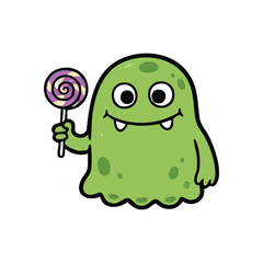 Cute Green Monster with Lollipop. This adorable, cheerful being enjoys a delicious swirling candy. Its friendly grin and bright eyes convey joy and whimsy, perfect for children's themes.