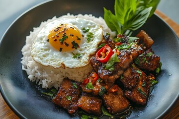 Premium Thai Pad Krapao Crispy Pork with fried egg and dark sauce