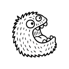 Cute Cartoon Monster Doodle. This whimsical critter displays a surprised expression. Its unique furry design brings a playful, animated vibe.