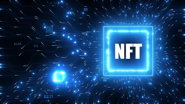 NFT Non-fungible token digital crypto on virtual screen. glowing animation.circuit chip line blue on main board. for futuristic technology design transparent background - Powered by Adobe