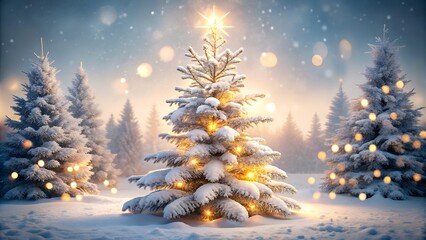 Snowy forest with decorated christmas trees and bokeh lights