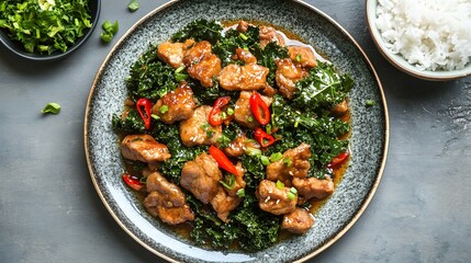 Stir-fried chicken and dark green leafy vegetables with rice, top view