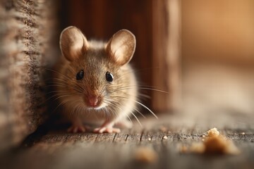 house mouse on wooden floor near baseboard, Soft natural indoor lighting