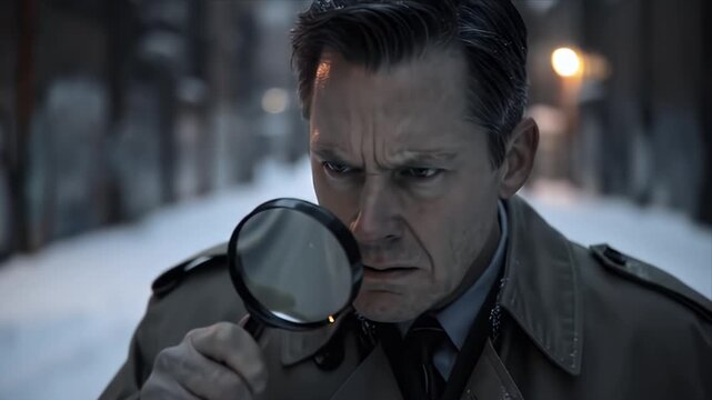 Intense Detective Examining Evidence with Magnifying Glass in Snowy City Street at Night