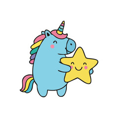 Cute Unicorn Hugging Happy Star. Adorable mythical creature embraces a cheerful celestial body, symbolizing joy, dreams, and magical companionship.