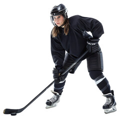 Professional female ice hockey player in full body pose png hockey woman png ice hockey athlete png sportswoman png hockey player png transparent background image