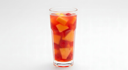 Fresh fruit punch in a tall glass filled with colorful pieces  