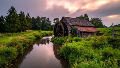 Obraz premium Rustic watermill at dawn
