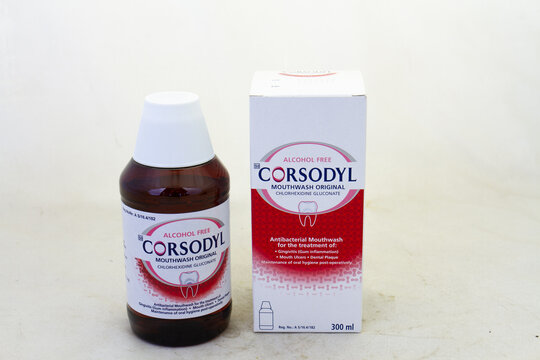 Johannesburg, South Africa - a bottle of Corsodyl mouthwash isolated on a clear background with copy space