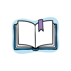 Open Book Reading and Knowledge Symbol. A simple cartoon drawing of an unbound volume with a page marker. It conveys education, discovery, and the joy of literature.