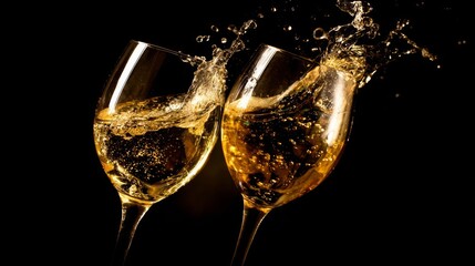 Two elegant champagne glasses filled with golden sparkling wine clink together,