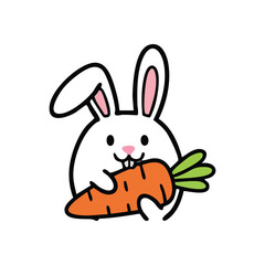 Playful White Bunny with Fresh Carrot. This charming illustration features an innocent cottontail embracing its healthy root vegetable. It symbolizes joy, simple pleasures, and nature's bounty.