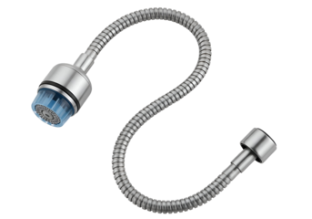Modern chrome flexible faucet sprayer head with integrated water outlet for kitchen and bathroom use isolated on transparent background