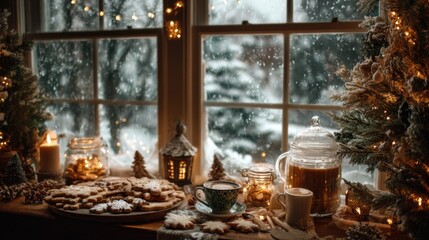A warm light fills the room with festive decorations. Cookies and a warm drink rest on a wooden table framed by a snowy landscape outside the window.