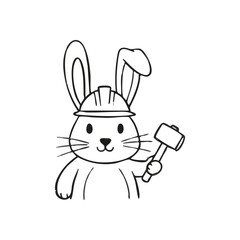 Cute Bunny wearing Construction Helmet. This delightful doodle portrays an adorable hare in protective headwear, holding a small hammer. It symbolizes hard work, DIY projects, and creative.