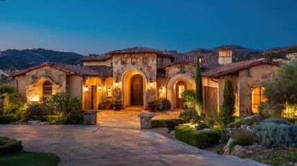 Obraz premium This beautiful villa features stunning architecture with warm inviting lights. Surrounded by lush greenery and hills it stands out against the dusk sky.