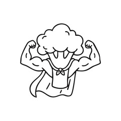 Powerful Broccoli Champion. This bold drawing portrays a robust vegetable exhibiting muscular arms and a cape, symbolizing vitality and the benefits of nutritious plant-based consumption.